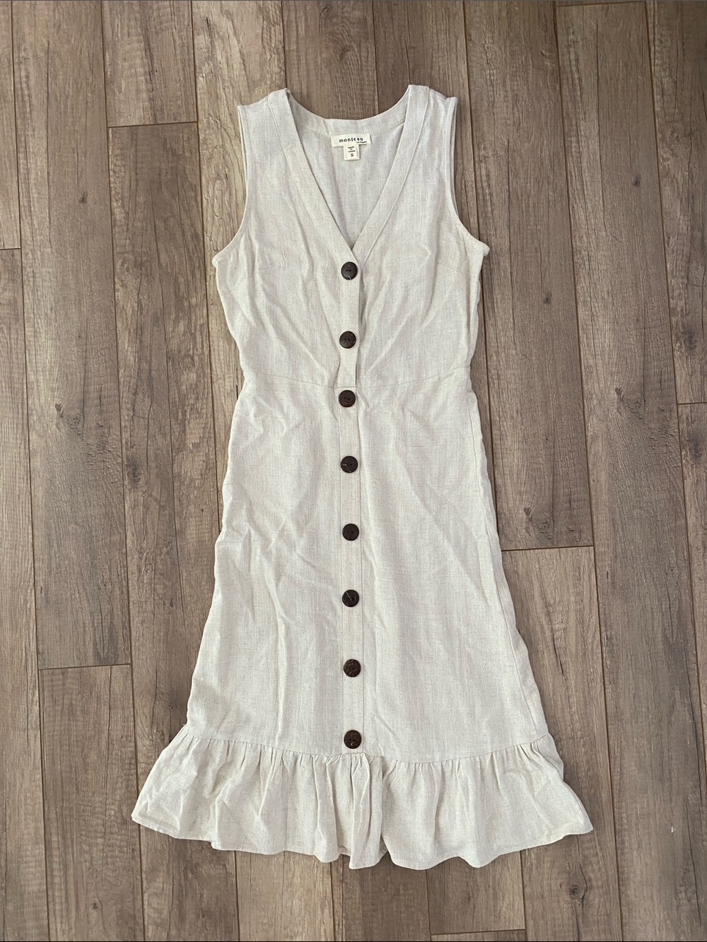 Cream Button-Front Ruffle-Hem Midi Dress